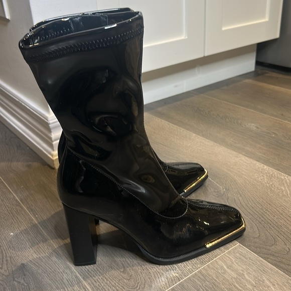 Faux Patent Leather Square Metal Toe Mid Calf Thick High Heels Go Go Boots - Picture 8 of 16